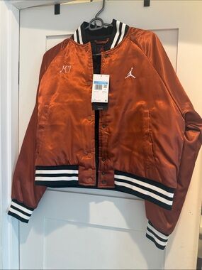 Jordan Satin Bomber Jacket in Metallic Orange with Black & White Trim